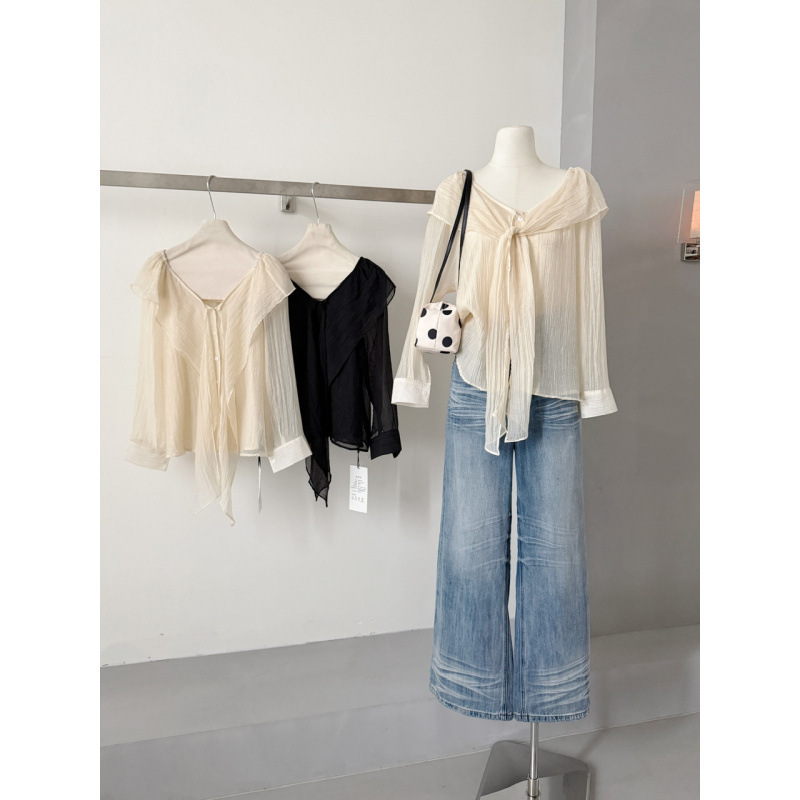 Qianyu 2026 early autumn Korean-style cape-style bow one-shoulder long-sleeve shirt blouse long-sleeve top Qianyu 2026 early autumn Korean-style cape-style bow one-shoulder long-sleeve shirt blouse long-sleeve top
