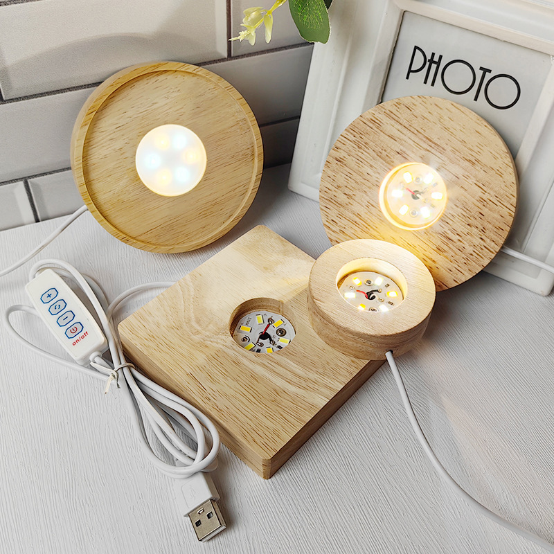 단단한 나무 빛나는 수정 구슬 기본 led 야간 조명 흰색 따뜻한 빛 라운드 램프 홀더 usb 플러그인 테이블 램프 5V