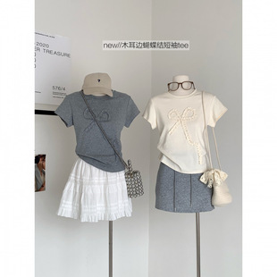 Korean Style Ruffled Bow Short-Sleeve T-Shirt for Women, Summer 2025 New Slim-Fit Versatile Top