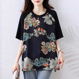 奢华高级感大牌绣花T恤女夏季新款圆领韩版宽松显瘦减龄洋气小衫
