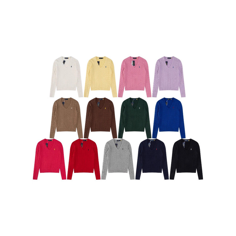 Cross-Border Export Rl Laff Thirteen Colors Classic Small Label Embroidery V-Neck Pullover Cable Knit Sweater Women's Top