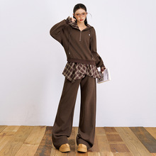 稚橘#秋冬新款格纹拼接连帽外套运动裤套装女宽松显瘦垂感两件套