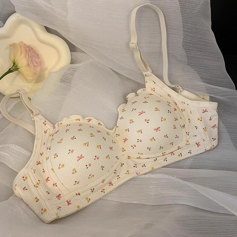 花柄小胸ブラ 大きい胸を小さく見せる プッシュアップ 夏用薄型ブラジャー 女性用 脇の肉が目立たない ノンワイヤー 着痩せ効果|undefined