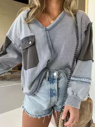Short Denim Colour Matching Casual Sweater For Women - Blue - View 1