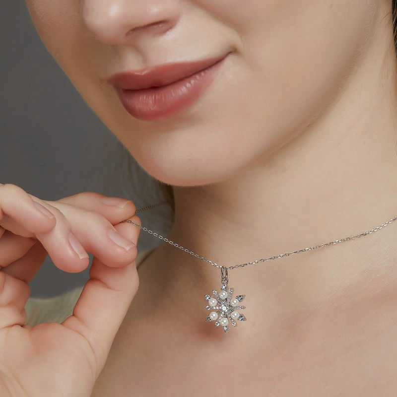 Модное милое ожерелье, подвеска из жемчуга, цепь для ключей/пакета, европейский стиль, простой и элегантный дизайн, со снежинками, образец 925 серебро, подарок на день рождения