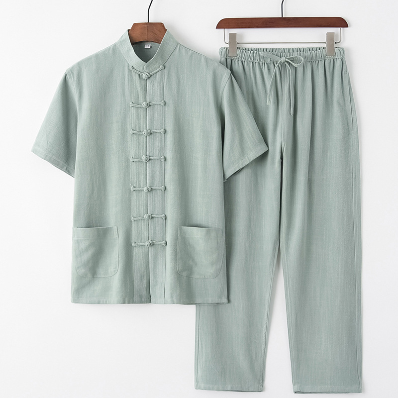 Men's Summer Tang Suit Thin Breathable Linen Short Sleeve Set Casual Dad Attire Style Retro With Frog Buttons_viptrois.com