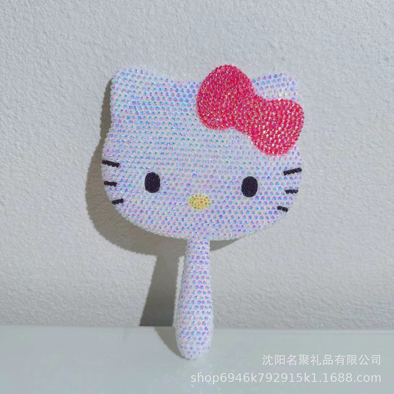 Espejo de maquillaje de diamantes de imitación de gato de plástico, espejo de mesa de corazón de niña rosa de diamante, espejo de tocador, espejo giratorio, espejo de vacaciones en vivo