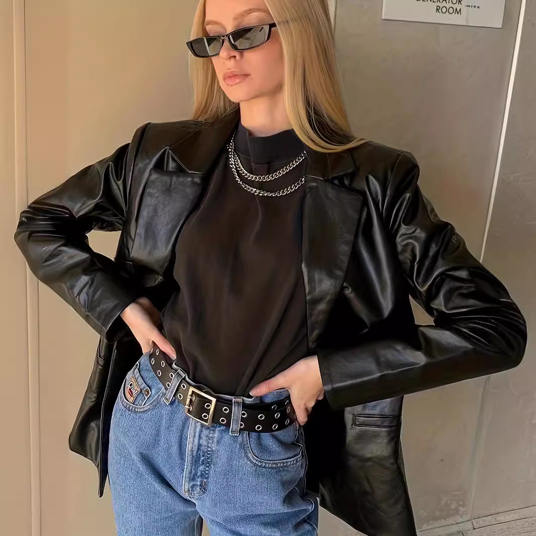 Primavera y otoño nueva moda moda damas manga larga suelta elegante chaqueta de traje PU mujer