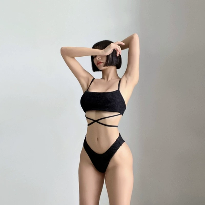 Bikini set women's split push-up top, solid strappy back, textured fabric, sizes M–XL