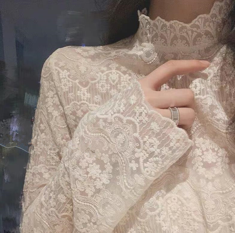 Autumn and Winter New Stylish Small Shirt Women's Half-turtleneck Embroidered Exquisite Inner Lace Shirt Super Fairy Mesh Base Top