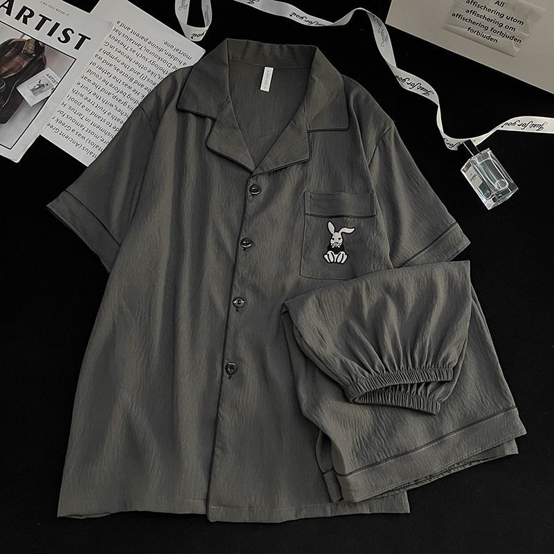 Venta al por mayor transfronteriza de pantalones cortos de manga corta de algodón de nube para hombre de verano pijamas simples de color sólido bordado de solapa cardigan servicio a domicilio
