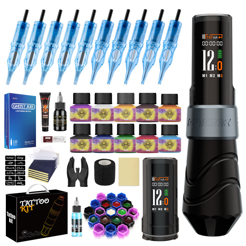 Cross-Border New Wireless Tattoo Pen Set with 10 Tattoo Needles and Full Set of Pigments, Dual Battery Pen Set for Dotting and Tattooing