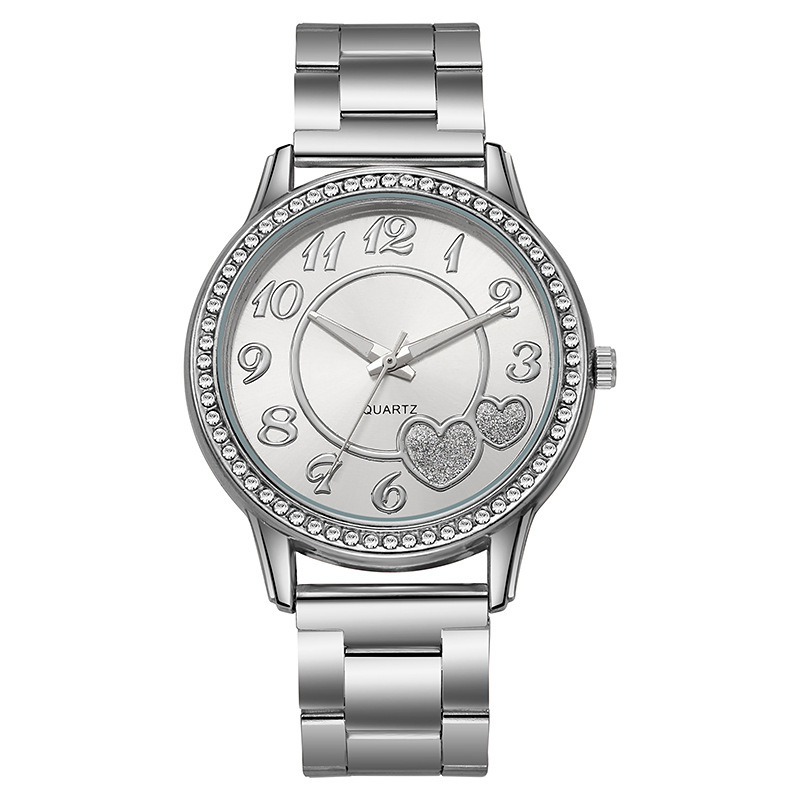 Nueva moda transfronteriza corazón de melocotón cinturón de acero reloj de cuarzo estudiante oro rosa amor diamantes mujer reloj plata al por mayor image 9