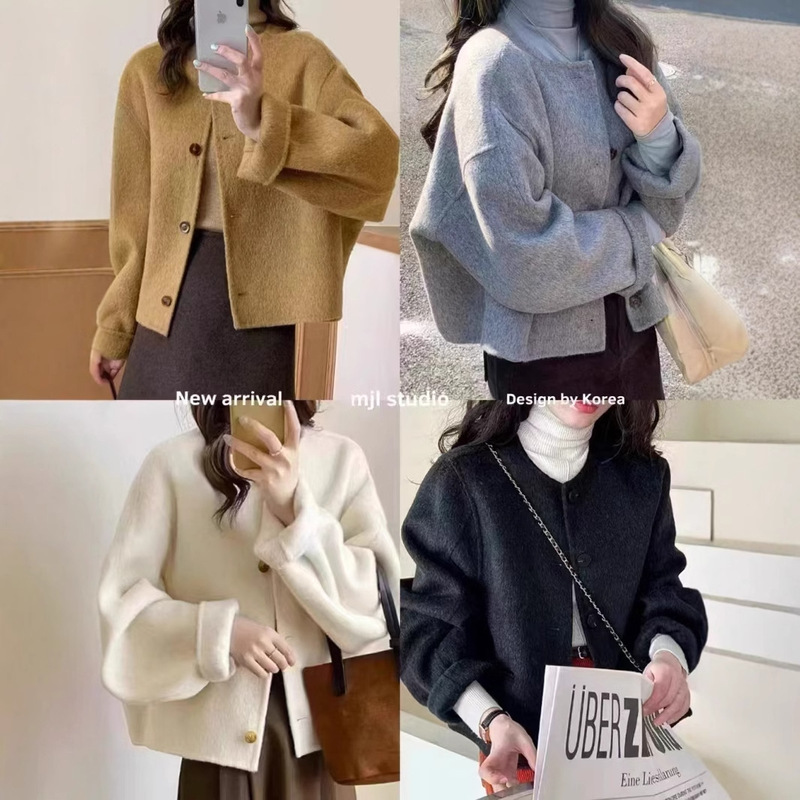 Round Neck Short Double-Sided Wool Coat Women's 2024 Winter Korean Style Loose Elegant Chanel Style Wool Coat Korean Style