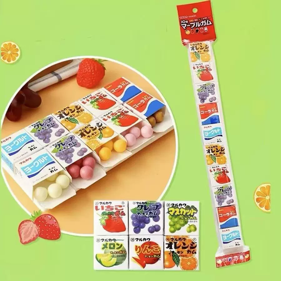 Японская импортная жевательная резинка Marukawa с фруктовыми вкусами, ассорти, семейная упаковка, в индивидуальных пакетиках.