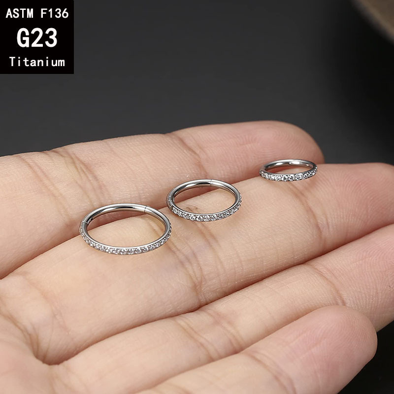 F136 Titanium Flat Side Zircon Nose Ring Earring - Seamless Closed Ring Piercing Jewelry detail image 8