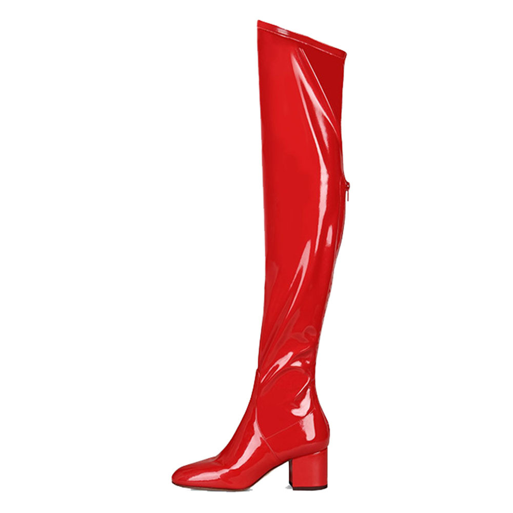 Over the knee boots Red patent leather women's plus leg boots with square heels and zippers_voghion.com