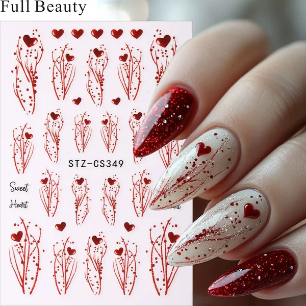 Full Beauty Cross-Border New Nail Art Stickers Sweet Heart Red Heart-Shaped Branches Heart Tree Nail Art Stickers