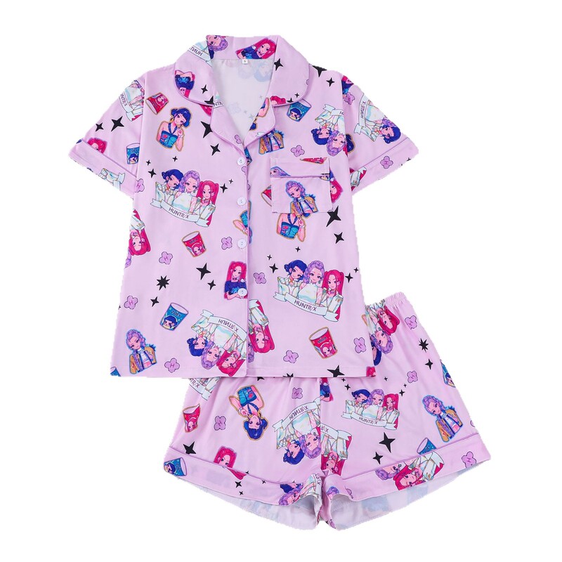 跨境外贸新款女士睡衣印花翻领短袖短裤欧美家居服women pajama|undefined