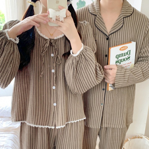 韩国ins女士春季新款情侣睡衣韩版宽松条纹长袖休闲家居服套装女