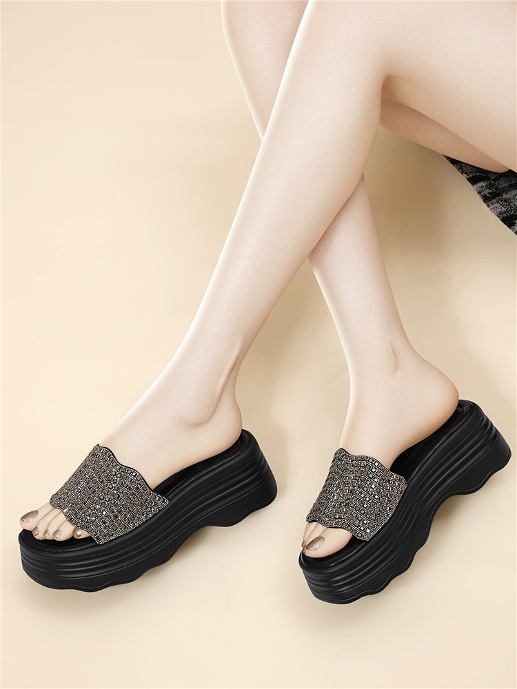Sandal nữ đế dày đính đá lấp lánh phong cách thời trang — 6075 Màu be, 6075 Da đen chi tiết 17