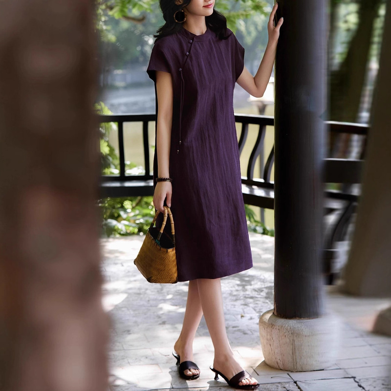 紫定胜-非遗香云纱东方贵女旗袍新中式连衣裙2025年夏季夏款|undefined