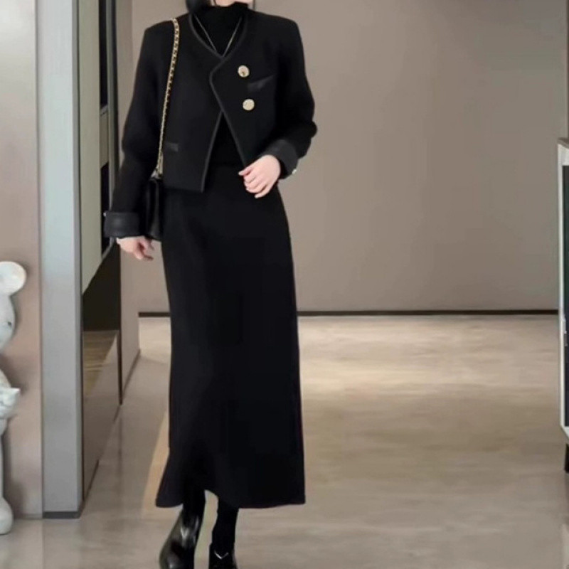 작은 향기로운 스타일 기모 두꺼운 투피스 2024 새로운 패션 코트 하프 바디 인기있는 세트 세트