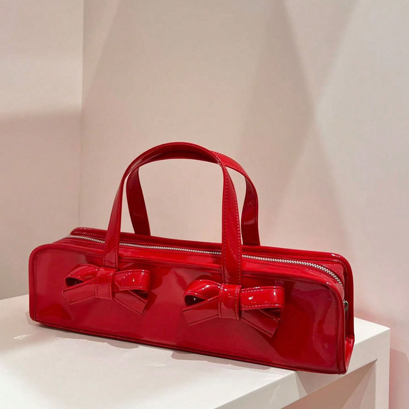 2024 New Sweet Cool Spice Girl Patent Leather Glitch Face Simple Handbag Korean Style Distinctive Large Capacity Bow Baguette Bag