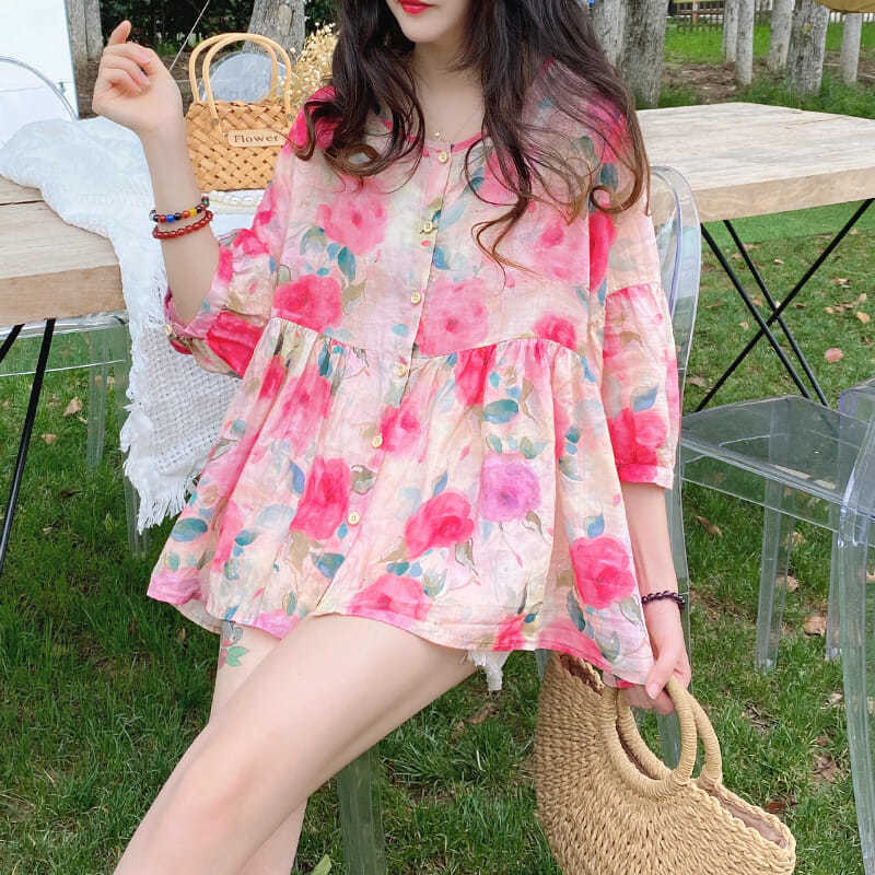 子供のシャツの上着の夏の韓国版のゆったりした丸首の甘い灯籠の袖の蓬蓬の花の綿の麻のシャツの女性の7分の袖|undefined