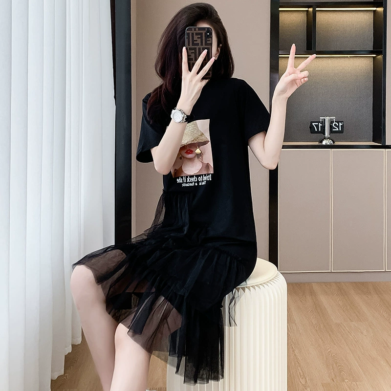 Живой выстрел 2025 лето новое платье средней и длинной футболки юбка сетка пряжи ручной работы бисер платье большого размера