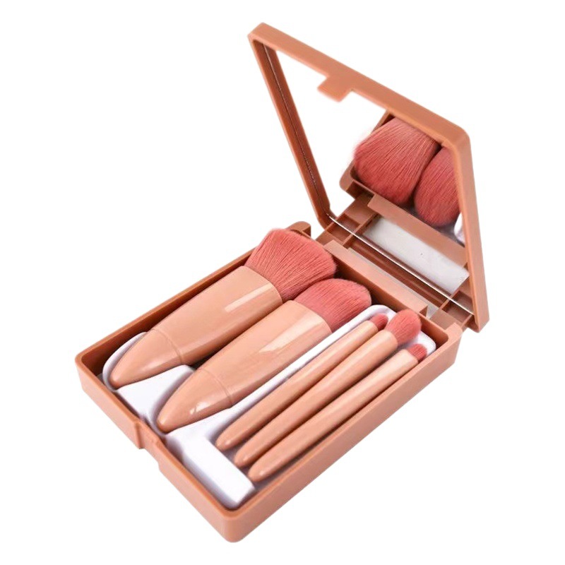 Juego de pinceles de maquillaje en caja portátil con espejo Cepillo de polvo suelto multifuncional Cepillo de rubor 5 herramientas de belleza de caja de espejo