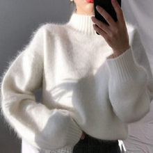 2023新款秋冬半高領白色毛衣女寬松套頭內搭加厚慵懶風海馬毛外穿