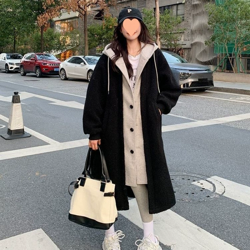 [Размер] Корея chic осень-зима новая длинная куртка из баранины, дикая свободная модная куртка