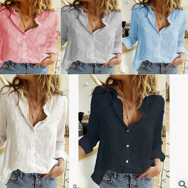 2023 Summer Europe and the United States solid color casual loose long sleeve linen shirt wholesale more preferential Oh