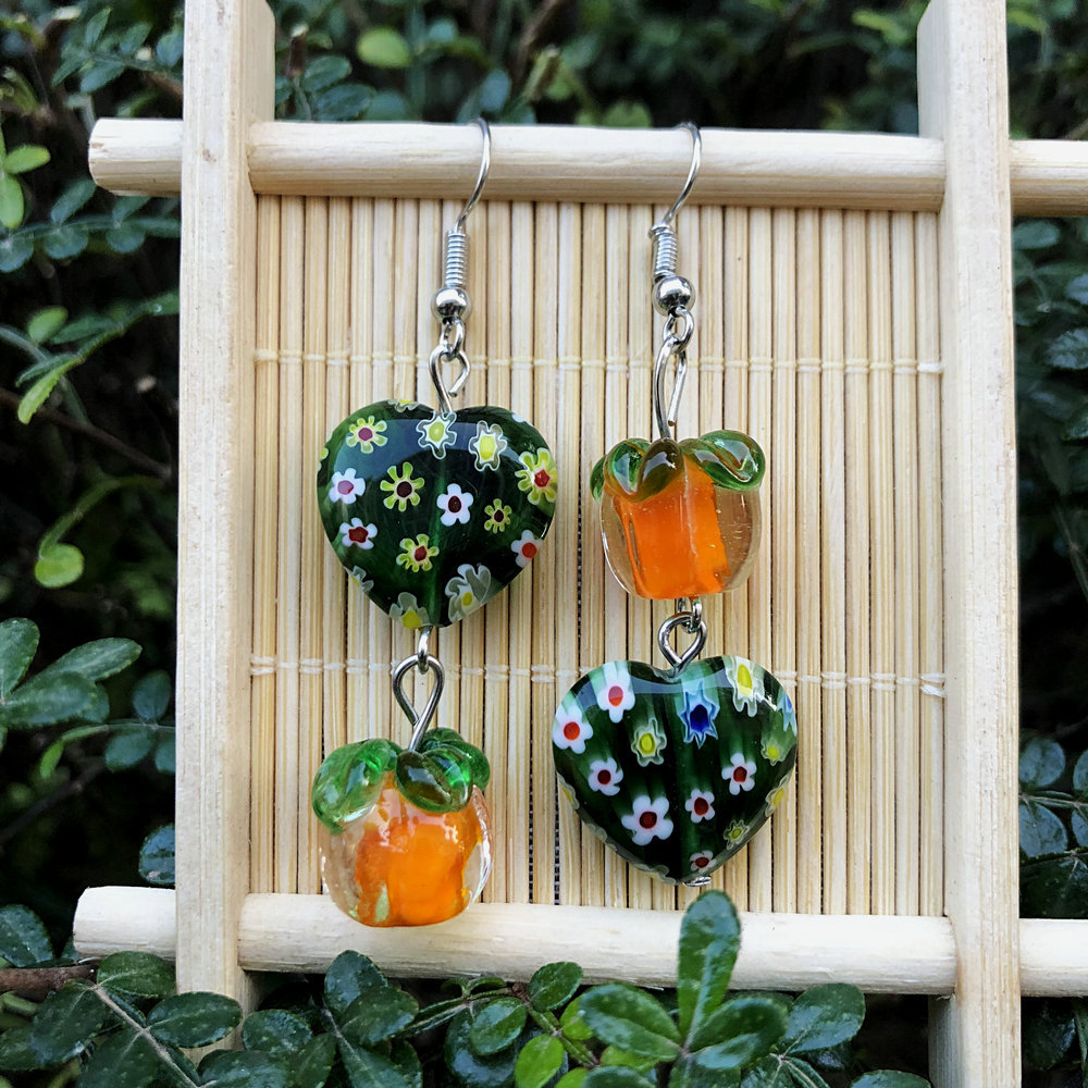 15g Weight Alloy Ear Needle Material Drop Earrings Classification 1 Pair Quantity Daily Occasion Glass, Metal Material Persimmon, Heart Shape, Flower Pattern All Seasons Season Women's Gender Polished Finish Asymmetrical Design Cute Style 1 Pair Cute Persimmon Heart Shape Flower Asymmetrical Glass Metal Drop Earrings 12