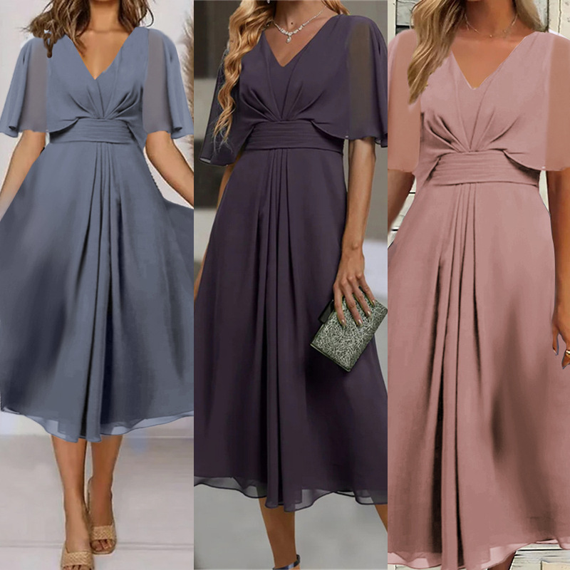 Cross-border 2023 Summer Amazon foreign trade new European and American fashion solid color V-neck tight waist casual large swing dress