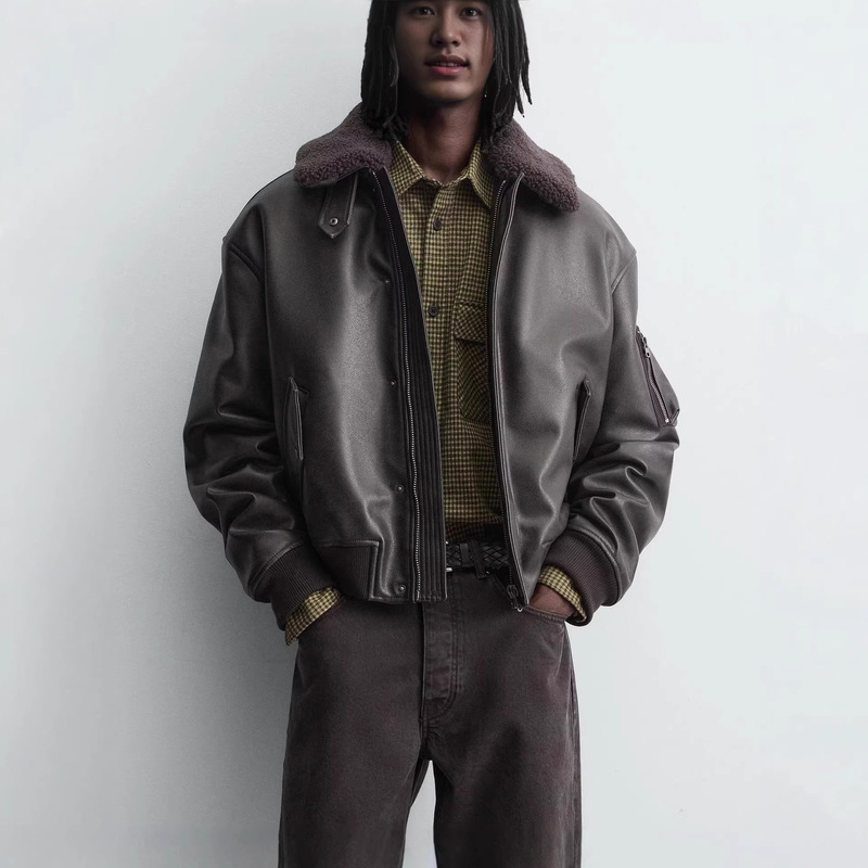 Men's Detachable Fur Collar Faux Leather Cotton Bomber Jacket