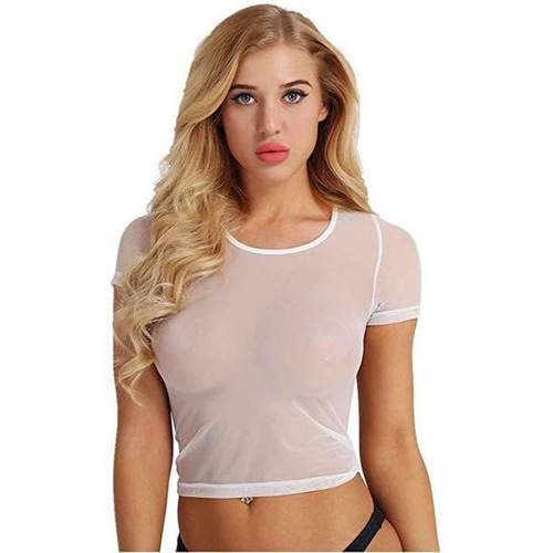 European and American sexy transparent professional temptation mid-length shirt short-sleeved mesh home women's pajamas sexy lingerie