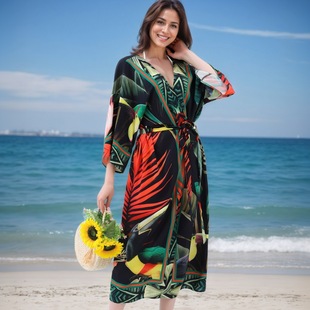 Cross-Border Rayon Beach Cover-Up Tropical Rainforest Print Beach Shawl Seaside Vacation Sun Protection Clothing Amazon
