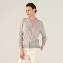 2025春夏新款极简轻奢桑蚕丝polo领针织开衫女七分袖显瘦法式上衣