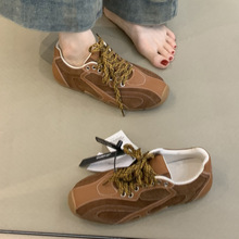 牛皮版~复古休闲鞋拼色德训鞋系带平底运动鞋女百搭跑步阿甘鞋潮