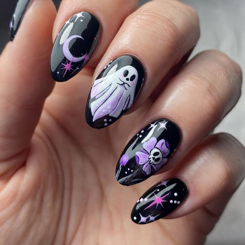 Halloween Nail Short Oval Star Moon Skull Flower Ghost Detachable Fake Nail False nail Halloween Nail Short Oval Star Moon Skull Flower Ghost Detachable Fake Nail False nail