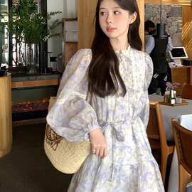 蕾丝拼接复古连衣裙女小个子连衣裙长袖连衣裙温柔甜美公主裙涤纶