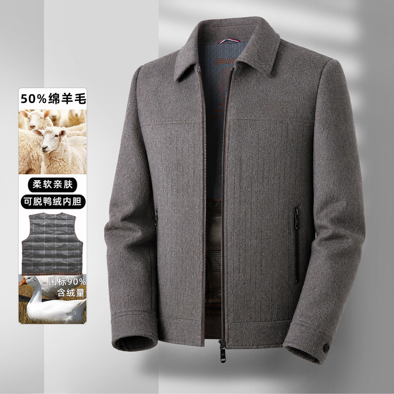 Men's 50% Wool Short Jacket, Winter Thickened with Removable Down Lining, Business Casual Wear for Middle-Aged and Elderly Men