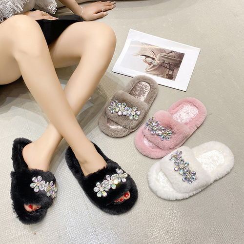 Cross-border furry slippers for women, autumn and winter outer wear, large size home warm floor slippers, confinement cotton slippers, foreign trade wholesale