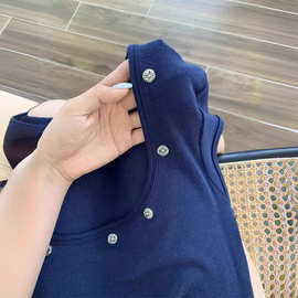 纯棉韩系蓝色柳钉正肩短袖T恤女夏季短款修身显瘦气质别致上衣ins