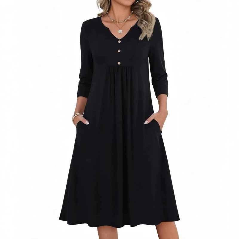 2026 Fall New Foreign Trade Amazon Dress V-neck Bohemian Style Buttoned A-line Mid-length Dress