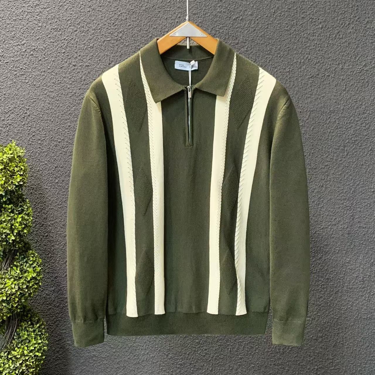 Men's Casual Lapel Knit Top Long Sleeve Fashionable Stripes Color Block Commuter Shirt For Mature Men_voghion.com