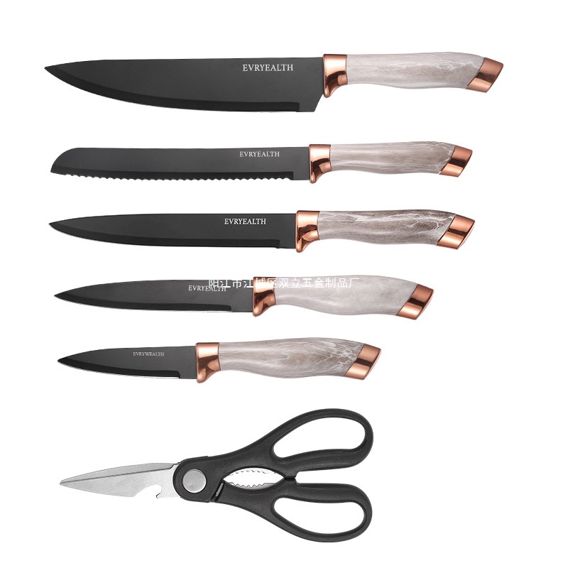 Yangjiang fábrica de herramientas de acero inoxidable imitación de mármol de cocina corte de verduras set de siete piezas incluida la combinación de cuchillo base