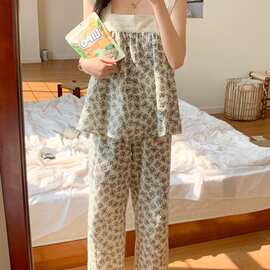 纯棉碎花吊带睡衣套装女夏季全棉宽松阔腿裤两件套可外穿家居服女